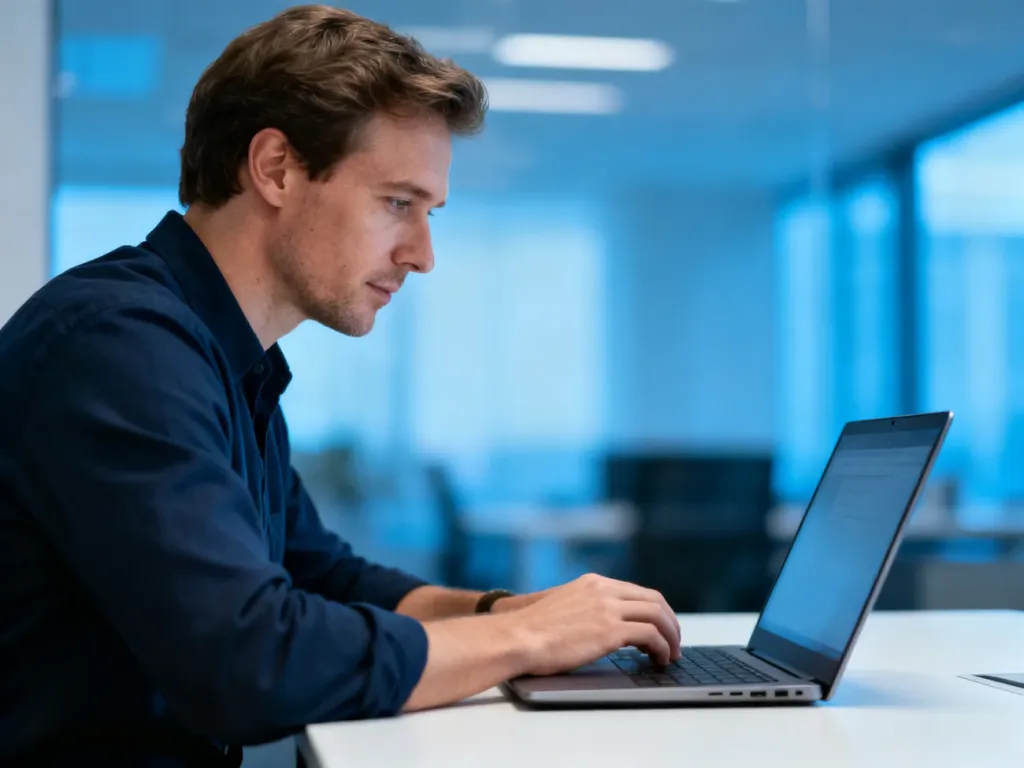 Mężczyzna pracujący przy laptopie w nowoczesnym biurze, symbolizujący łatwe zarządzanie usługami online.
