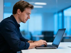 Mężczyzna pracujący przy laptopie w nowoczesnym biurze, logujący się do bezpiecznego konta użytkownika.
