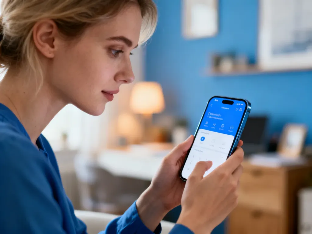 Młoda kobieta trzymająca smartfon z widocznym ekranem logowania w przytulnym domowym biurze.