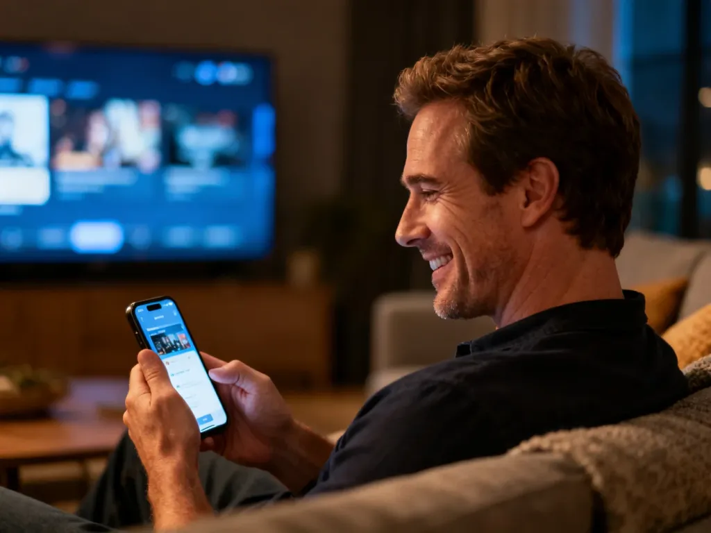 Mężczyzna zadowolony z korzystania z aplikacji Player na smartfonie w przytulnym salonie.