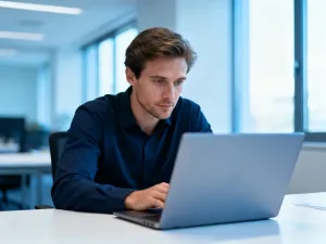 Profesjonalista pracujący przy laptopie w nowoczesnym biurze, symbolizujący łatwy dostęp do systemu Merlin X.