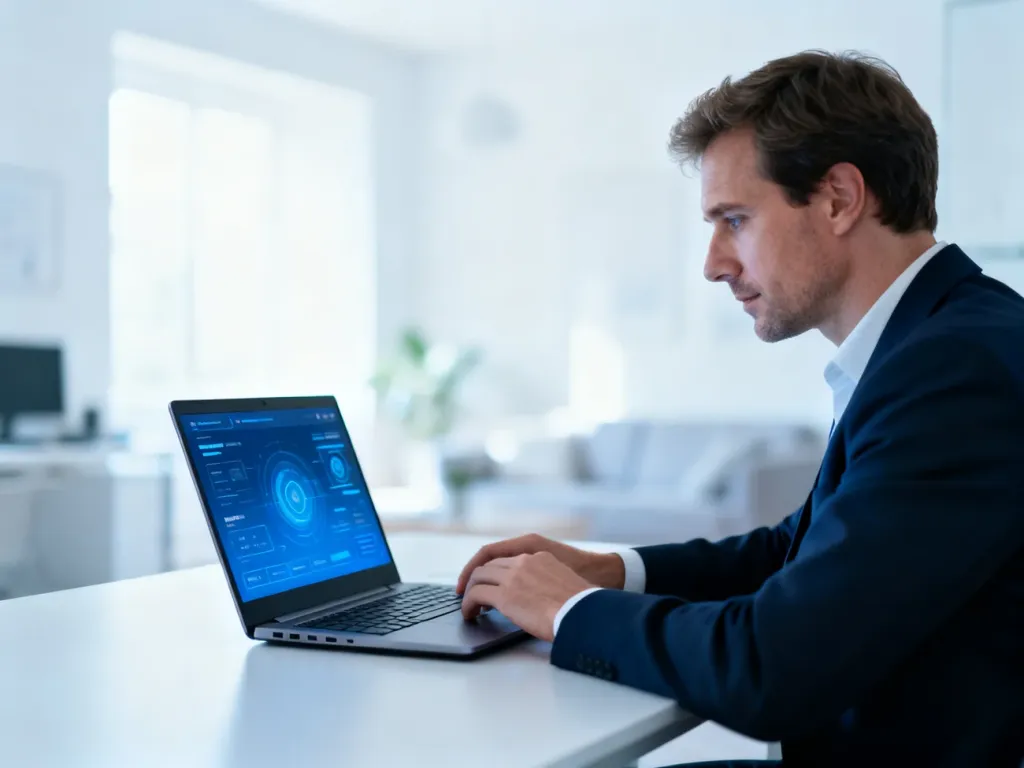 Mężczyzna przy biurku korzystający z laptopa w nowoczesnym domowym biurze, symbolizujący obsługę panelu klienta online.
