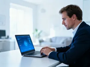 Mężczyzna pracujący przy laptopie w nowoczesnym biurze, symbolizujący łatwe zarządzanie usługami online.
