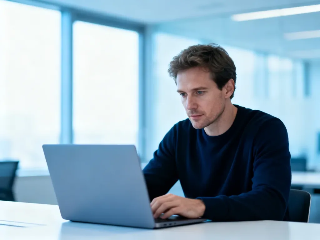 Pracownik biurowy skupiony na pracy przy laptopie w nowoczesnym, jasnym wnętrzu korporacyjnym.