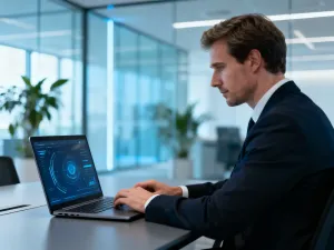 Mężczyzna pracujący przy laptopie w nowoczesnym biurze, symbolizujący łatwe zarządzanie usługami online.