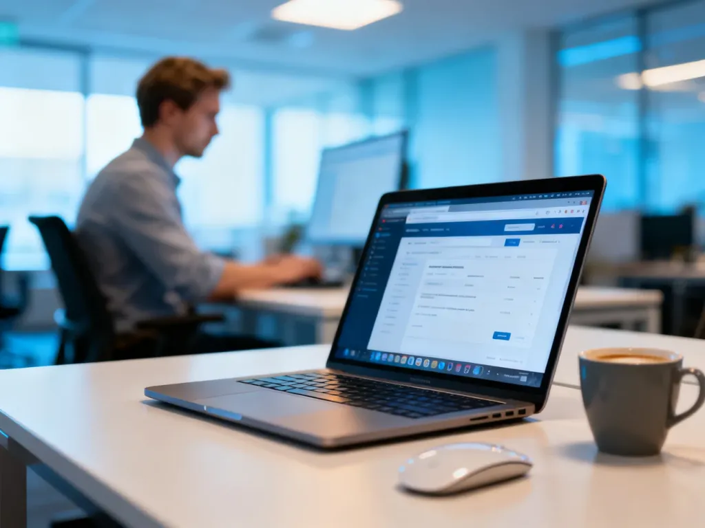 Pracownik skupiony na pracy przy laptopie w nowoczesnym biurze, ilustrujący logowanie do systemu Teta ME.