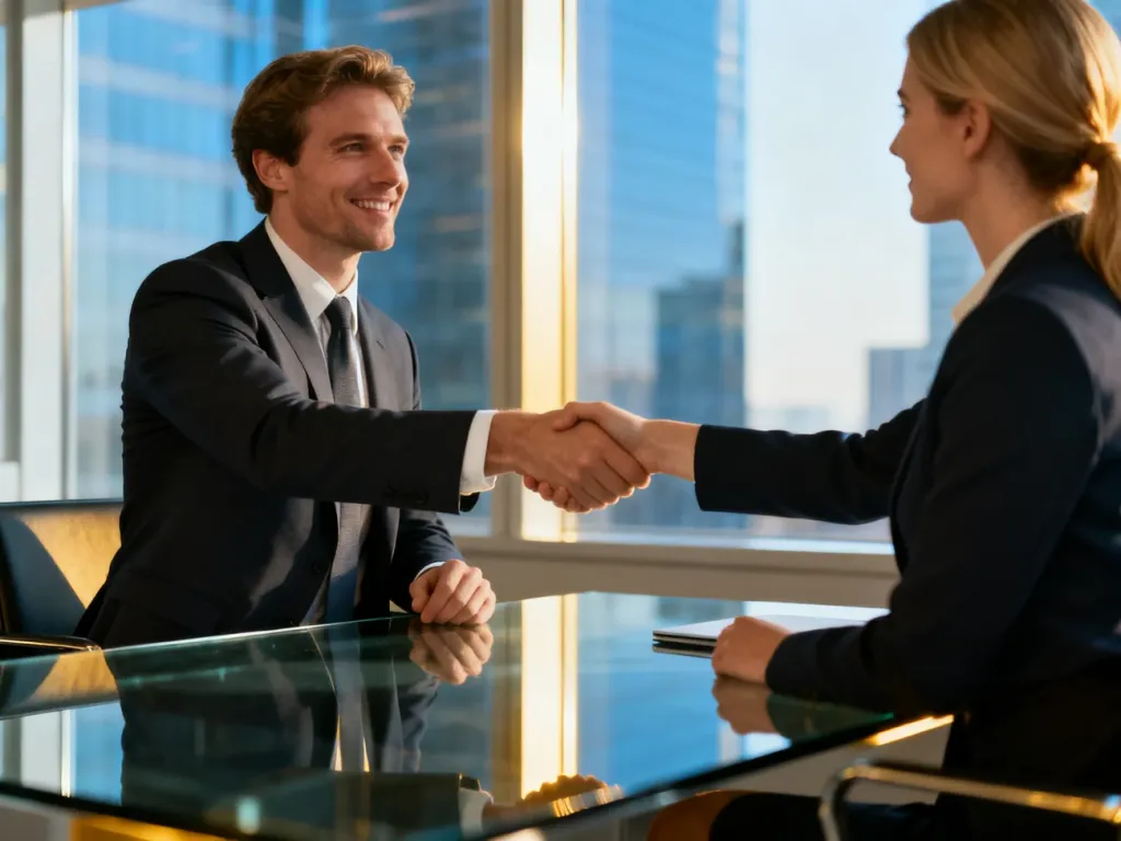 Mężczyzna i kobieta w formalnych strojach podają sobie dłonie nad szklanym biurkiem, symbolizując profesjonalną współpracę B2B.