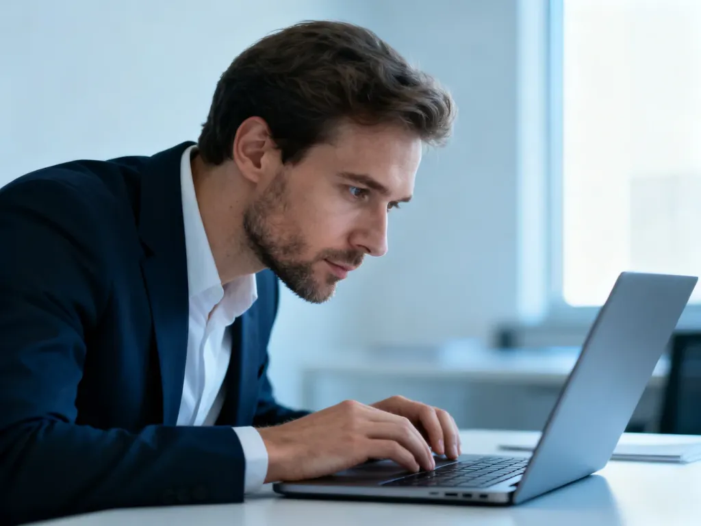 Skupiony profesjonalista pracujący przy laptopie w nowoczesnym, minimalistycznym biurze.