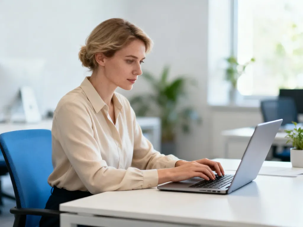 Kobieta pracująca przy laptopie w nowoczesnym biurze, symbolizująca profesjonalizm w środowisku pracy.