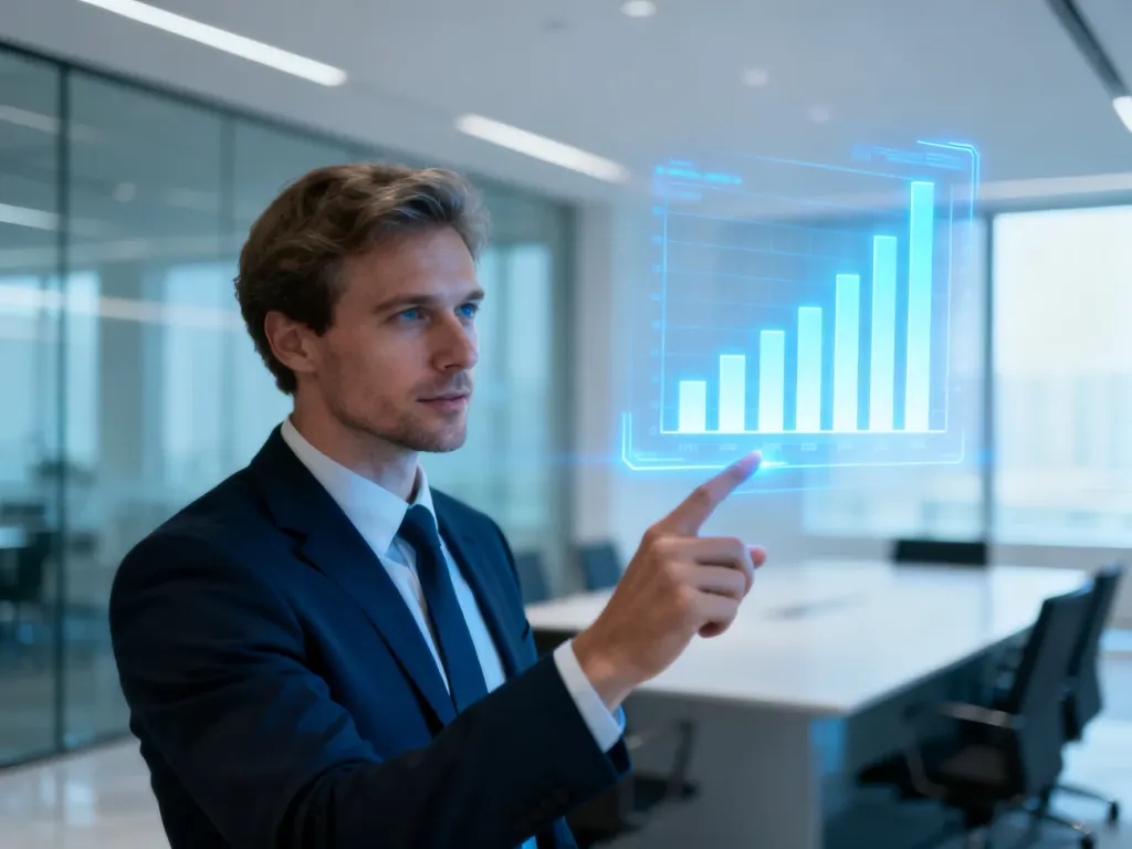 Biznesmen analizujący świecący wykres holograficzny, symbolizujący monitorowanie kluczowych wskaźników efektywności KPI.