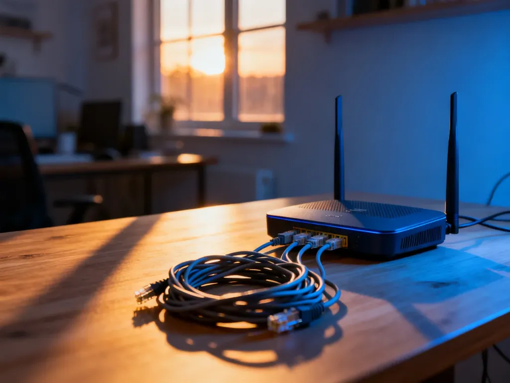 Nowoczesny router Wi-Fi na biurku z uporządkowanymi kablami Ethernet w domowym biurze.
