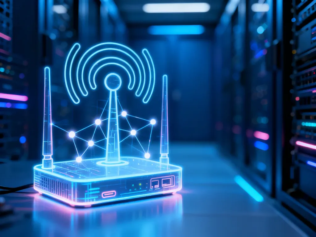 Holograficzna ikona routera z węzłami symbolizującymi urządzenia połączone z domową siecią Wi-Fi.