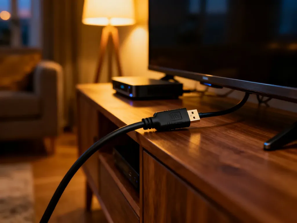 Kabel HDMI podłączony do telewizora i dekodera, co ilustruje prawidłowe połączenie urządzeń w domowym salonie.