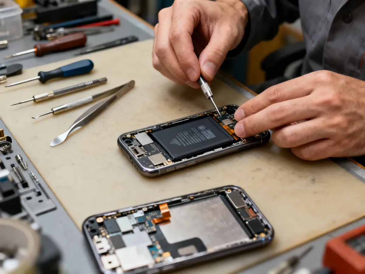 Technik wymieniający baterię w starszym smartfonie na stanowisku serwisowym
