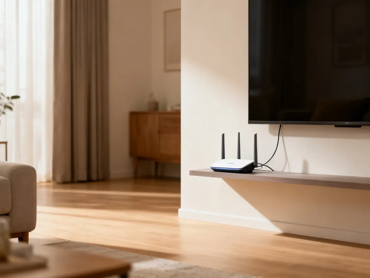 Router ustawiony centralnie na otwartej półce około 1,5 metra nad podłogą