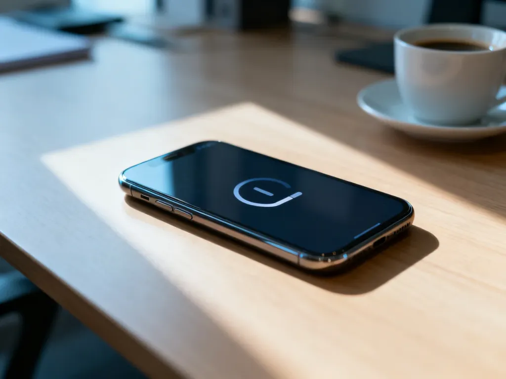 Nowoczesny smartfon leżący na drewnianym biurku z ikoną ładowania na ekranie, symbolizującą zawieszony system urządzenia.
