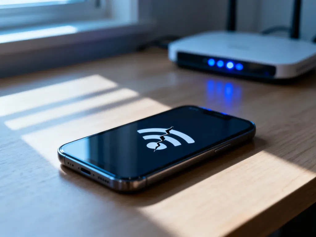 Smartfon z ikoną błędu połączenia Wi-Fi leżący obok routera, ilustrujący problemy z dostępem do sieci bezprzewodowej.