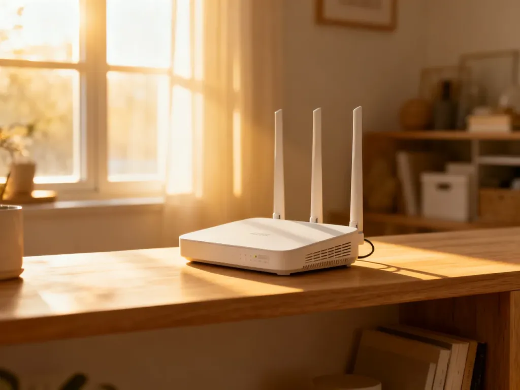 Nowoczesny router umieszczony na drewnianej półce w centralnym punkcie salonu, zapewniający optymalny zasięg w domu.