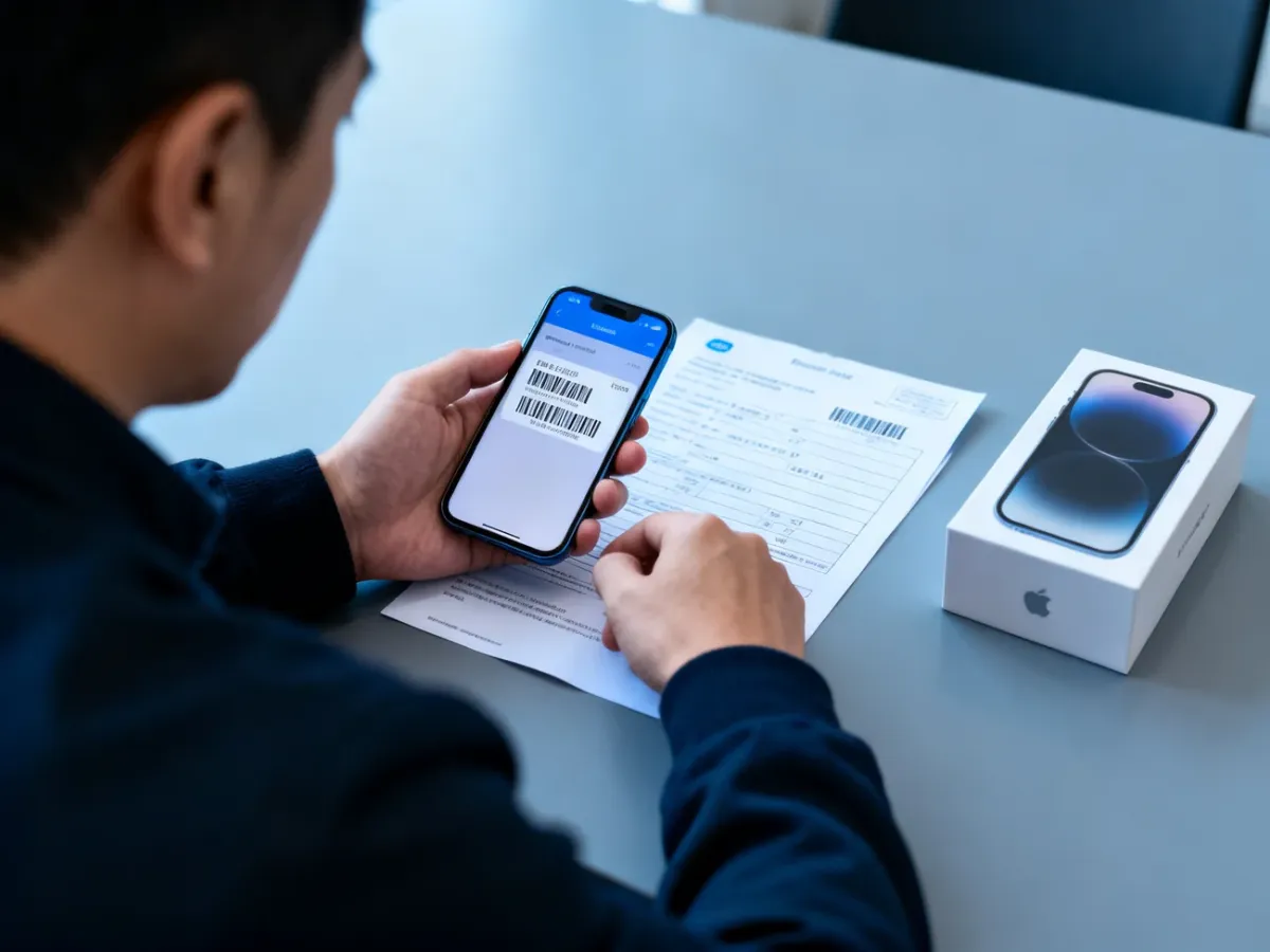 Kupujący sprawdza numer IMEI używanego telefonu z dokumentem zakupu