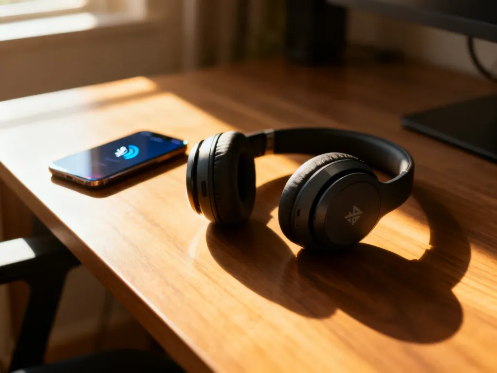 Nowoczesne słuchawki bezprzewodowe leżące na drewnianym biurku obok smartfona z widoczną ikoną połączenia Bluetooth.