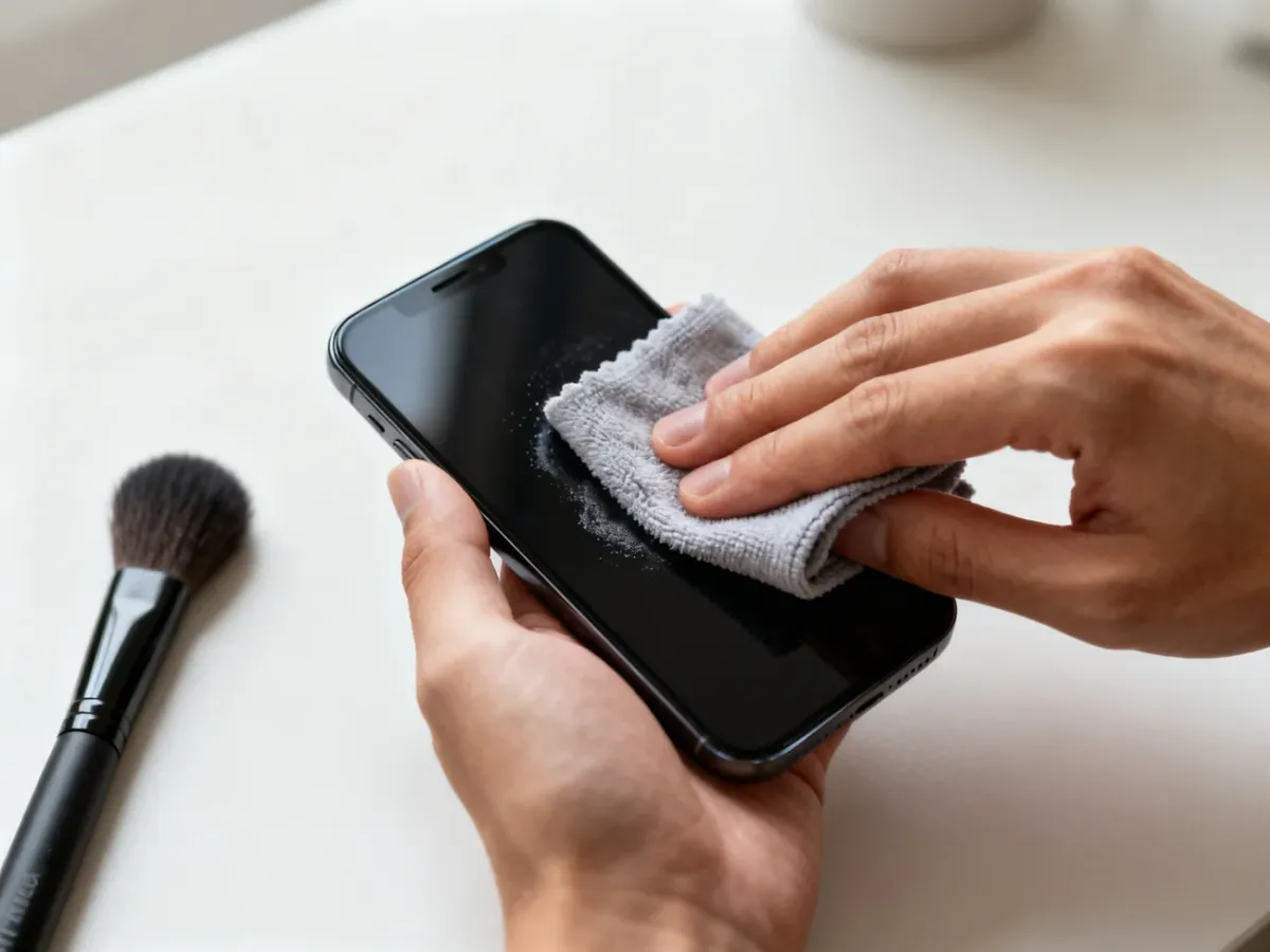 Delikatne czyszczenie wyłączonego ekranu telefonu ściereczką z mikrofibry