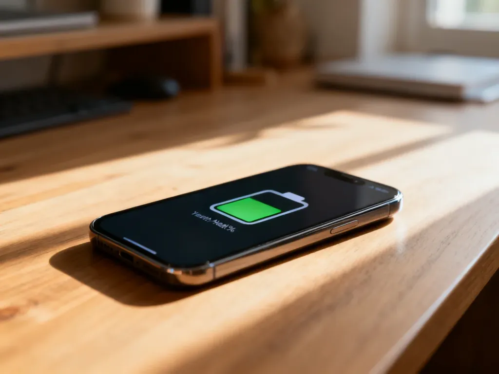 Nowoczesny smartfon na drewnianym biurku z ikoną stanu baterii na ekranie, symbolizującą sprawdzanie kondycji urządzenia.
