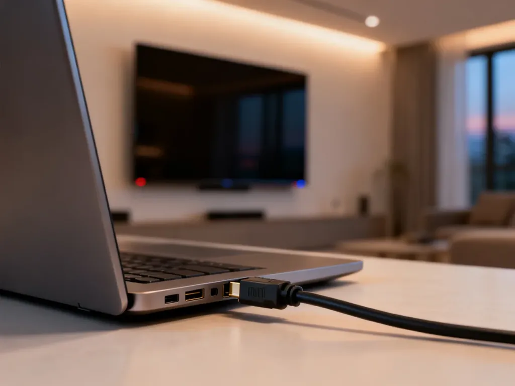 Kabel HDMI podłączany do portu w laptopie, z telewizorem w tle, ilustrujący proces łączenia urządzeń.