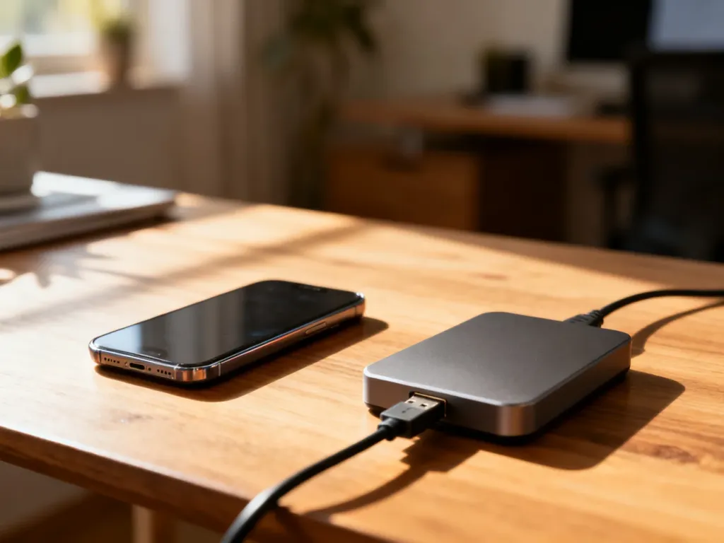 Nowoczesny smartfon podłączony kablem USB do zewnętrznego dysku twardego na drewnianym biurku, gotowy do wykonania kopii zdjęć.