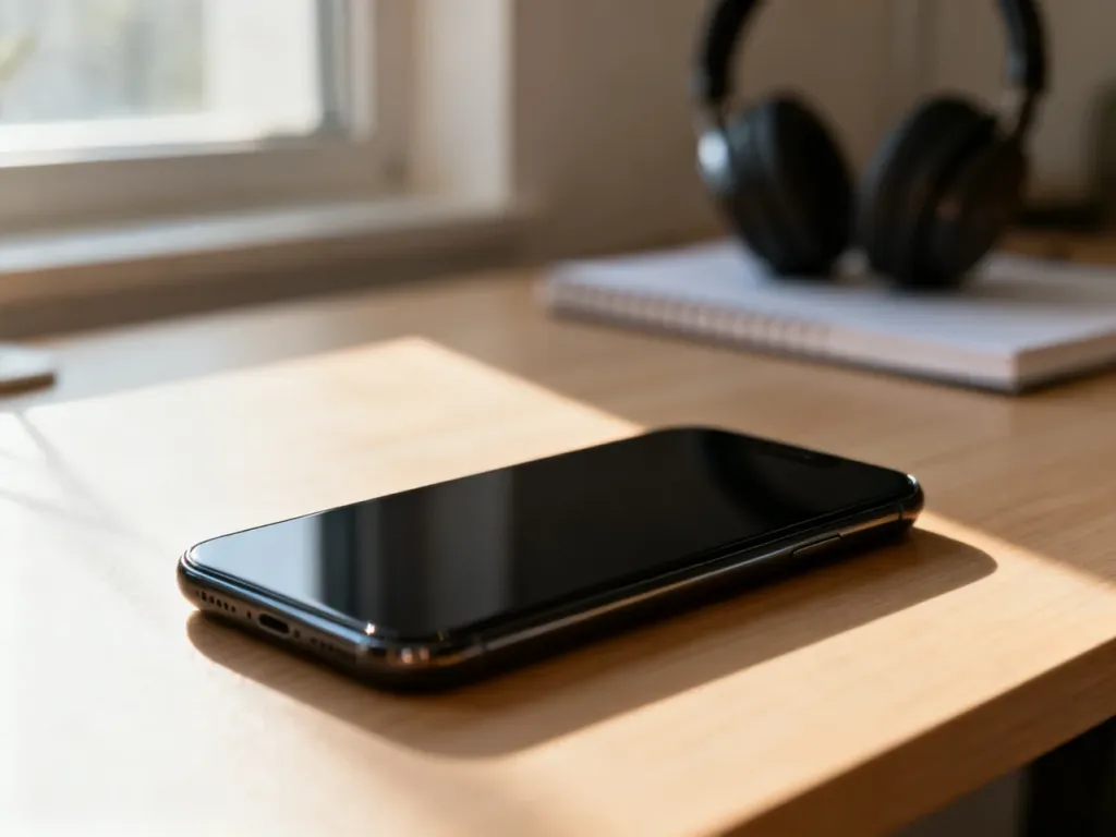 Nowoczesny smartfon z wygaszonym ekranem leżący na czystym drewnianym biurku, przygotowany do sprzedaży.