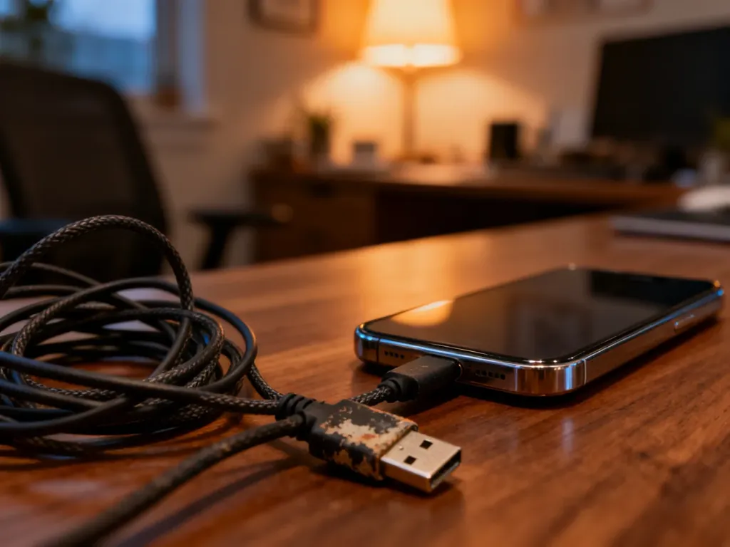 Smartfon podłączony do kabla ładującego na biurku, z widocznym zużytym portem USB i splątanym przewodem.