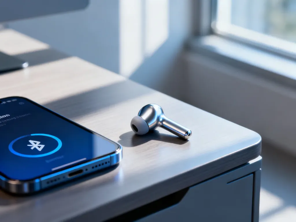 Bezprzewodowa słuchawka na biurku obok smartfona z ikoną błędu połączenia Bluetooth, ilustrująca problem z parowaniem urządzeń.