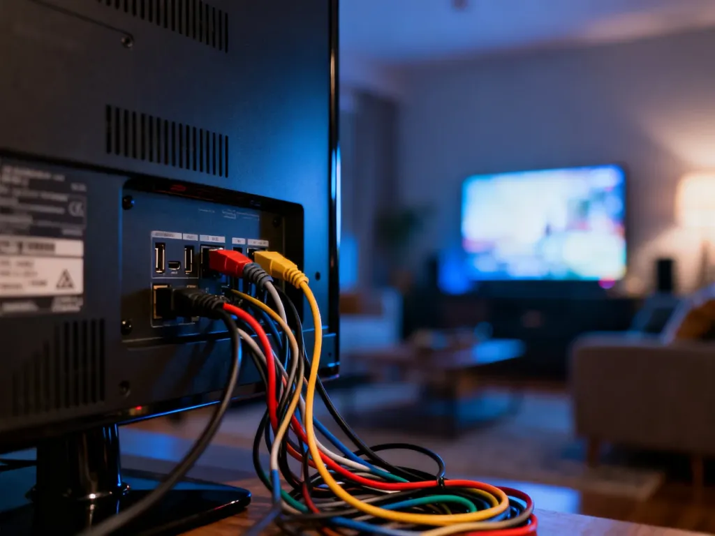 Zbliżenie na tylny panel telewizora z plątaniną podłączonych kabli, co może być przyczyną problemów z zasilaniem urządzenia.