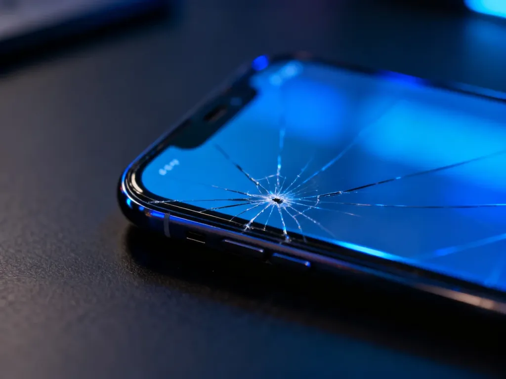 Zbliżenie na pęknięty ekran smartfona, ilustrujące uszkodzenie warstwy dotykowej wyświetlacza.