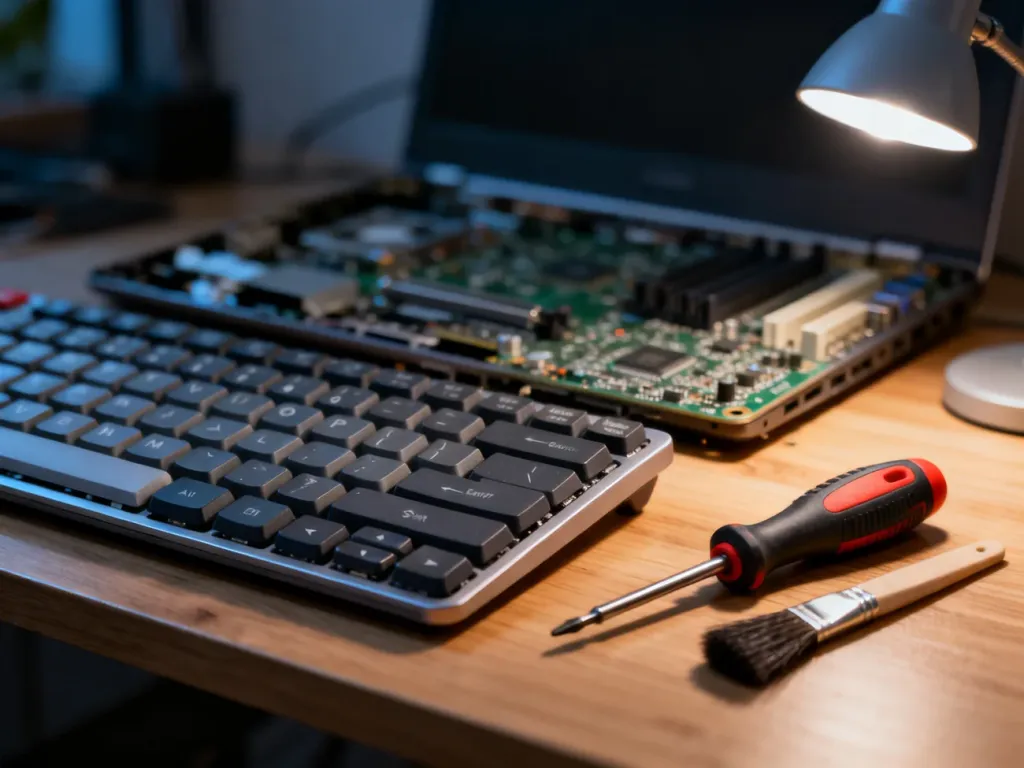 Zdemontowana klawiatura laptopa z narzędziami serwisowymi na biurku, gotowa do naprawy lub czyszczenia podzespołów.