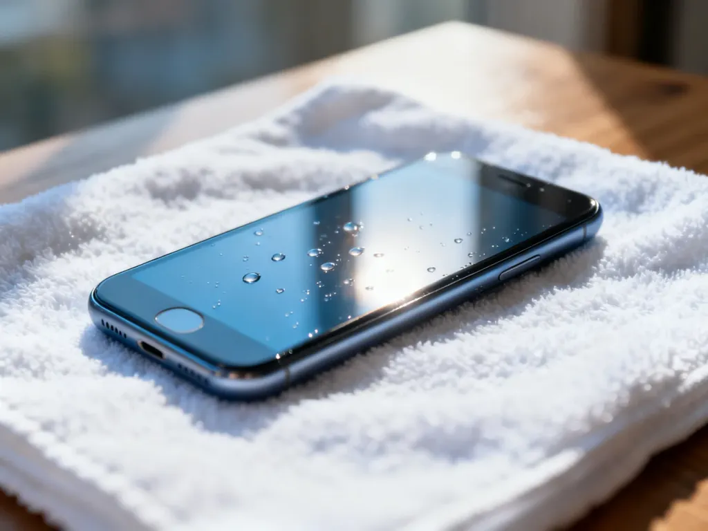 Smartfon leżący na białym ręczniku z widocznymi kroplami wody, ilustrujący problem zalania urządzenia.