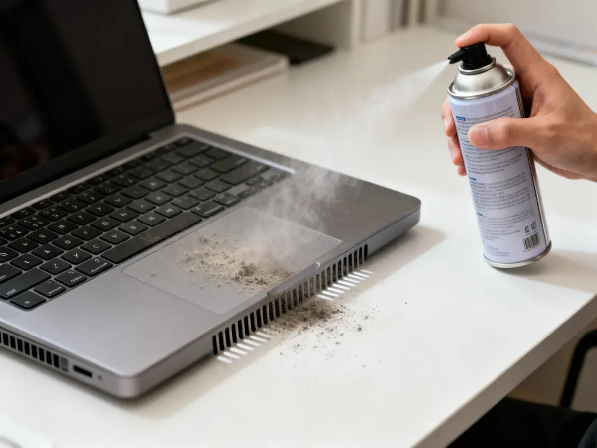 Czyszczenie zewnętrznych otworów wentylacyjnych laptopa sprężonym powietrzem