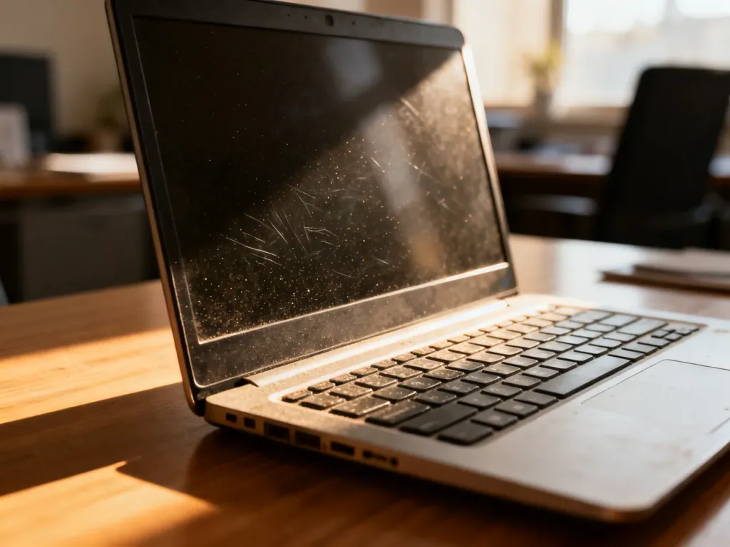 Używany laptop na drewnianym biurku z widocznymi śladami użytkowania, takimi jak drobne rysy i kurz na obudowie.