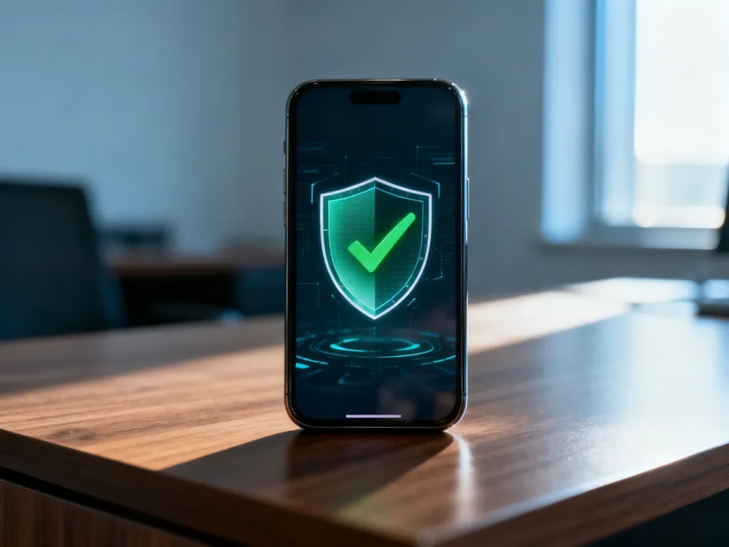 Smartfon na drewnianym biurku z ikoną tarczy i zielonym znakiem na ekranie, symbolizujący weryfikację bezpieczeństwa telefonu.