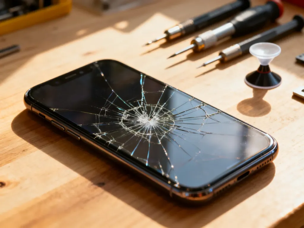 Pęknięty ekran smartfona na stole warsztatowym w otoczeniu profesjonalnych narzędzi do naprawy telefonów.