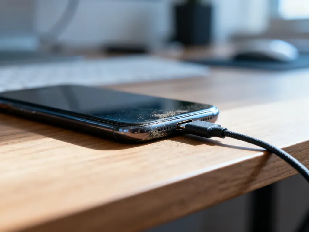 Smartfon podłączony do kabla USB-C na biurku, z widocznym kurzem w porcie ładowania sugerującym przyczynę awarii.
