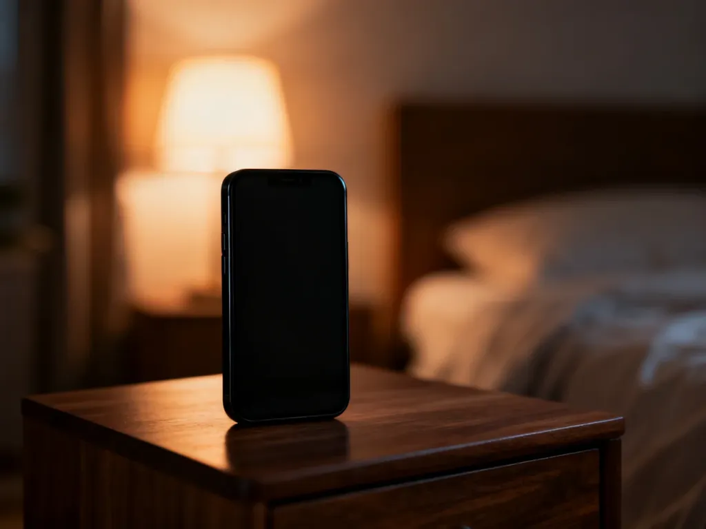 Czarny, wyłączony smartfon leżący na nocnej szafce w sypialni, symbolizujący problem z uruchomieniem urządzenia rano.