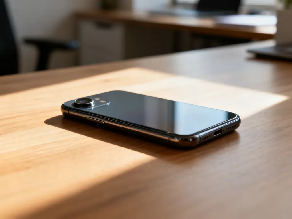 Nowoczesny smartfon leżący na drewnianym biurku, gotowy do sprawdzenia stanu technicznego przed zakupem z drugiej ręki.