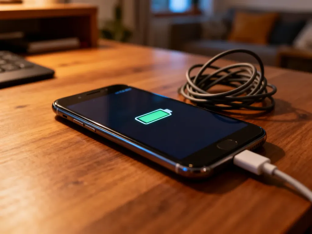 Smartfon z ikoną niskiego poziomu baterii leżący na drewnianym biurku obok splątanego kabla do ładowania.