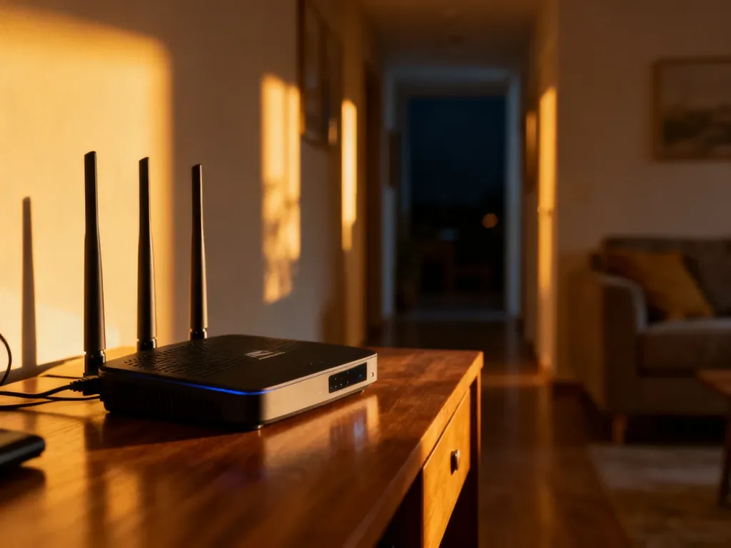 Nowoczesny router na biurku w salonie, z ciemnym korytarzem w tle obrazującym problem z zasięgiem Wi-Fi w odległych pokojach.