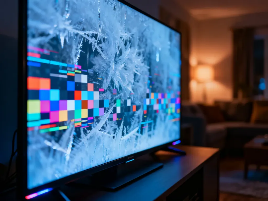 Ekran telewizora z widocznym cyfrowym zakłóceniem obrazu i efektem pikselizacji, ilustrujący problem zacinania się sygnału.