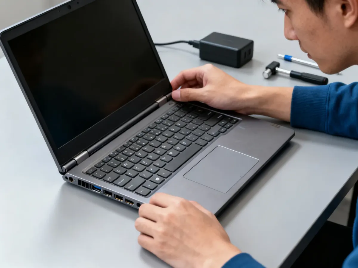 Osoba sprawdzająca zawiasy, klawiaturę, porty i ekran używanego laptopa