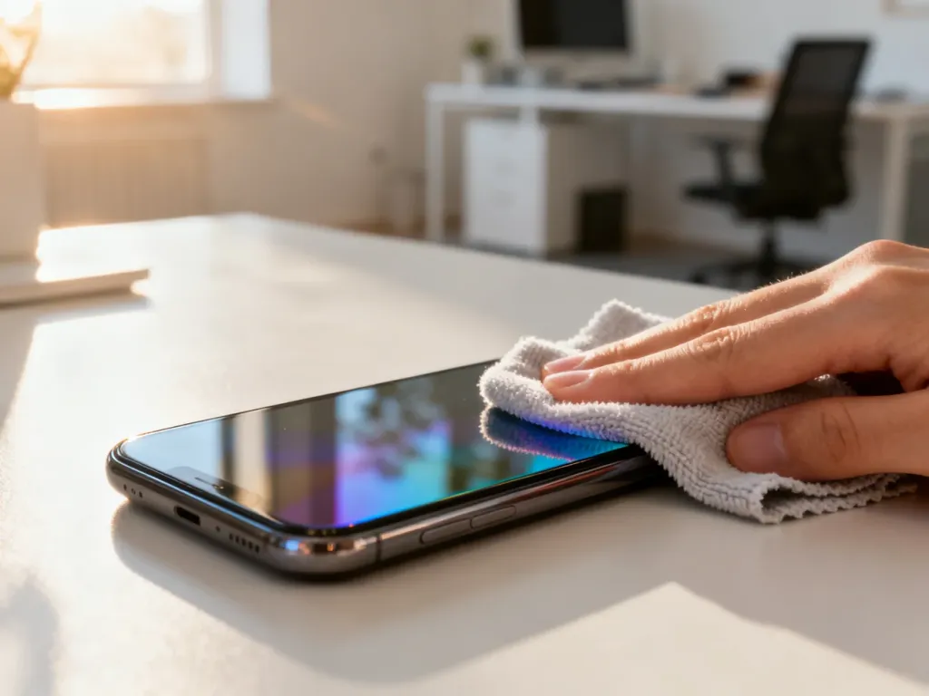 Delikatne czyszczenie ekranu smartfona miękką ściereczką z mikrofibry w naturalnym świetle.