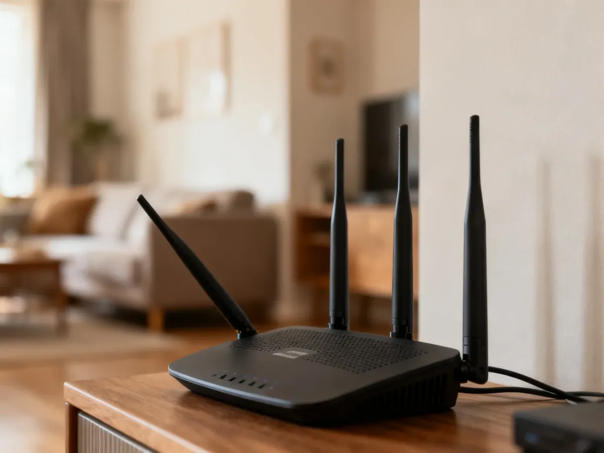 Router z antenami ustawionymi pionowo i pod kątem w otwartej przestrzeni domu