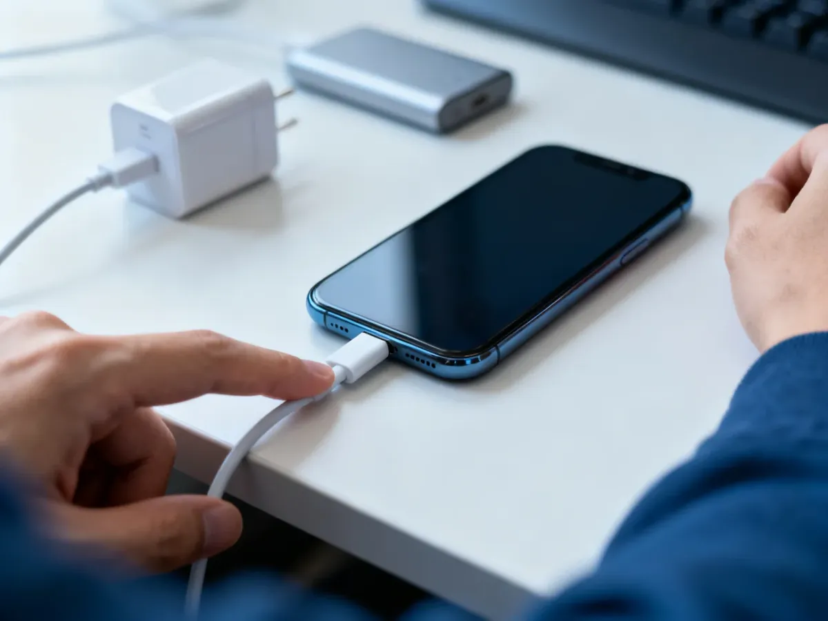 Smartfon testowany z kablem i różnymi źródłami zasilania
