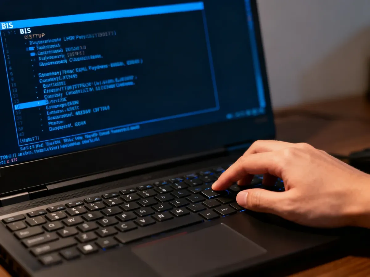 User testing a laptop keyboard in the BIOS menu